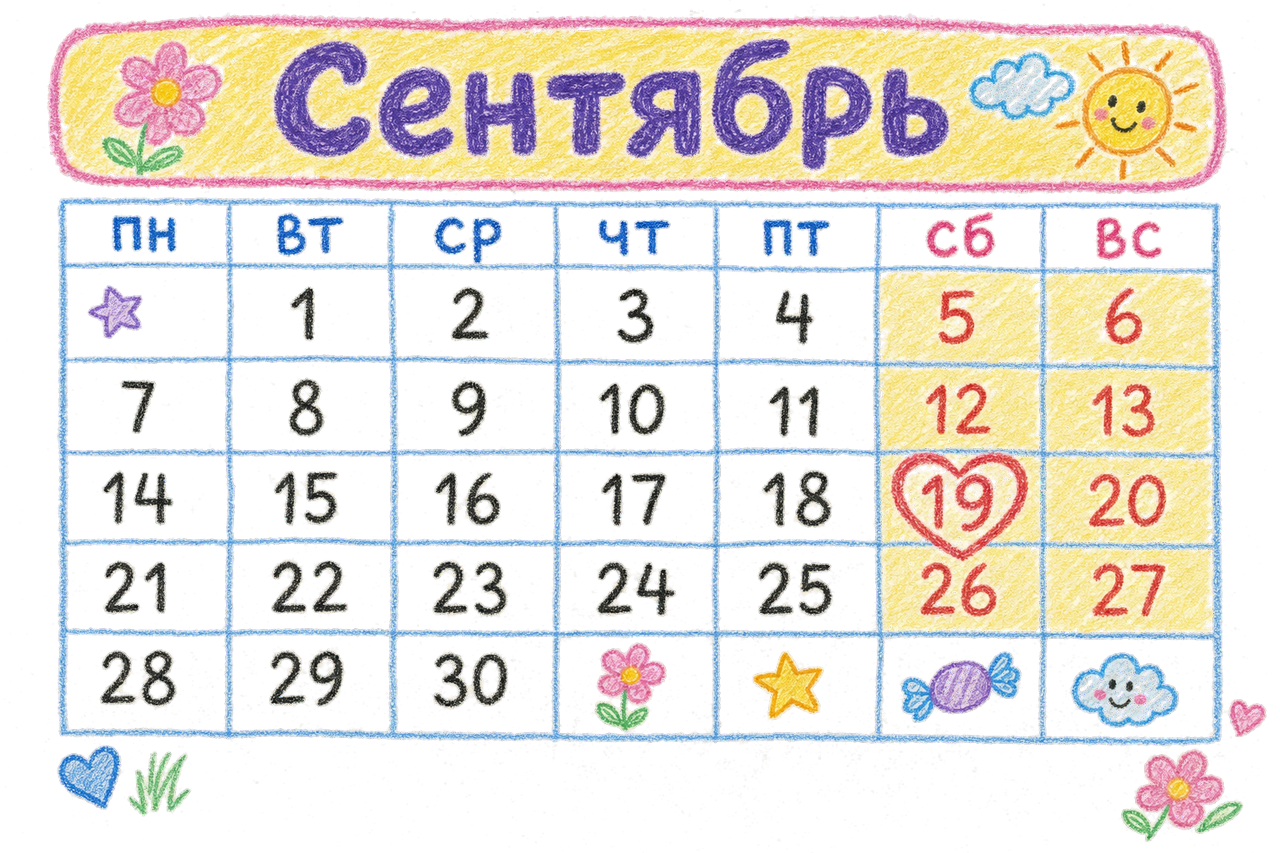 Календарь на сентябрь 2026, свадьба 19 числа